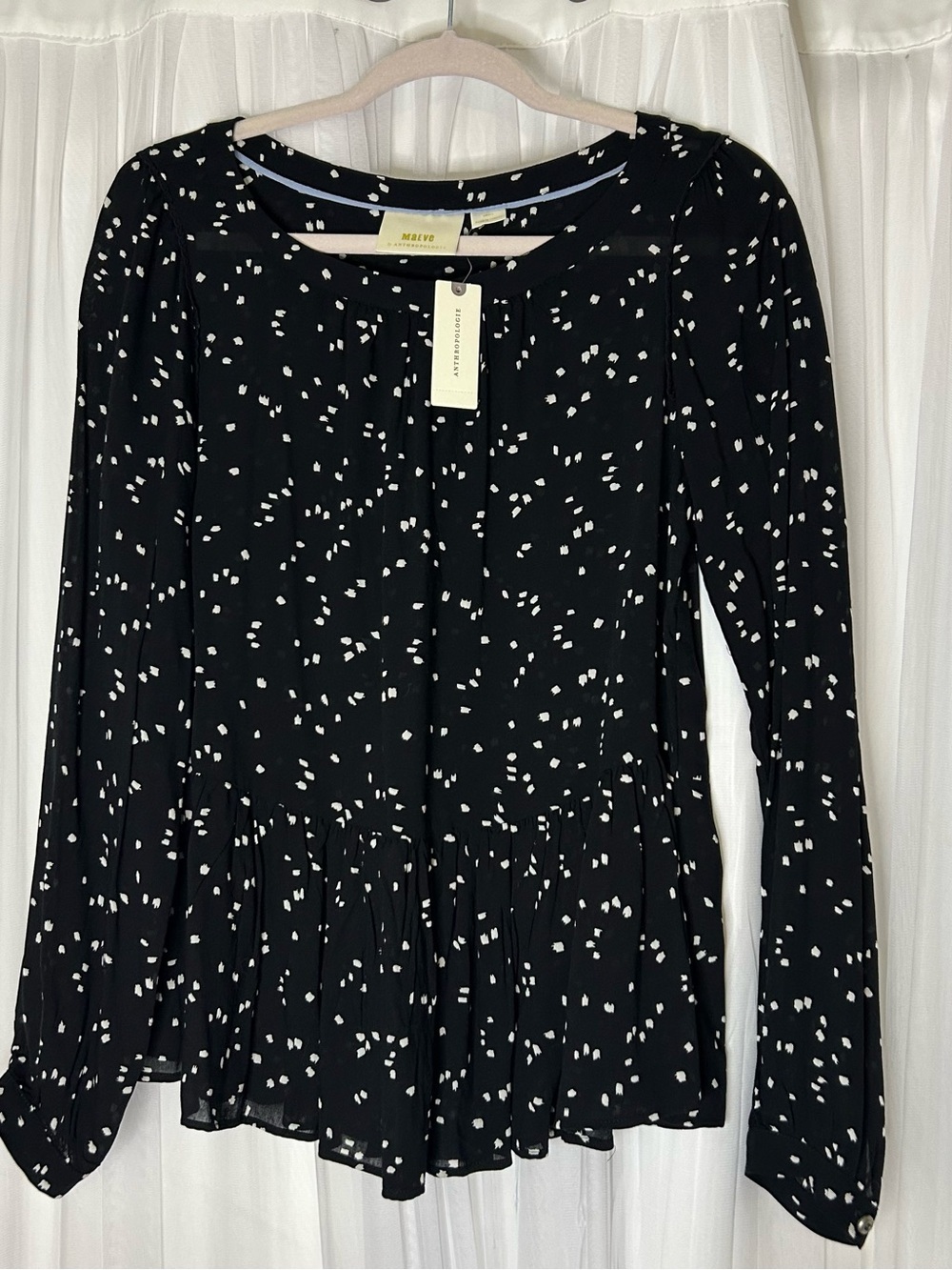 Anthropologie Maeve Black White Dot Peplum Long-Sleeve Top